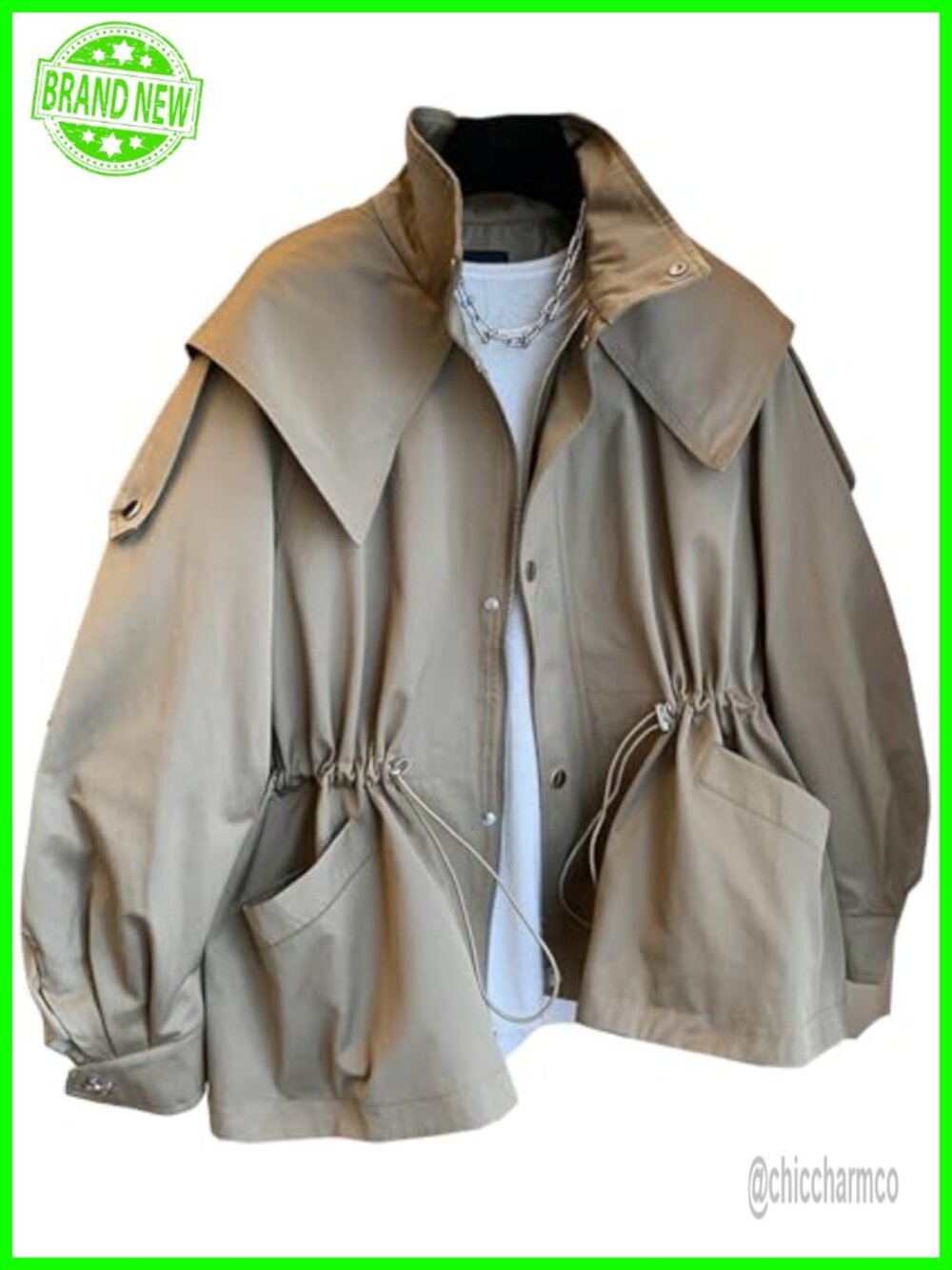 Womens Trench Coat Stand Collar Zip Up Hooded Jacket Polyester Loose Fit